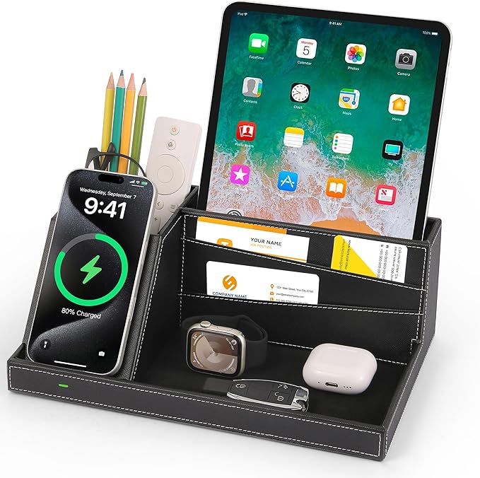 Fast Wireless Charging Station with Desk Organizer for iPhone 17/16/15/15 Pro/14/14 Pro Max/14 Pro/14 Plus/13/13 Pro Max/13 Pro/and iPhone 12/11 Series, Nightstand Desktop Organizer for Home Office