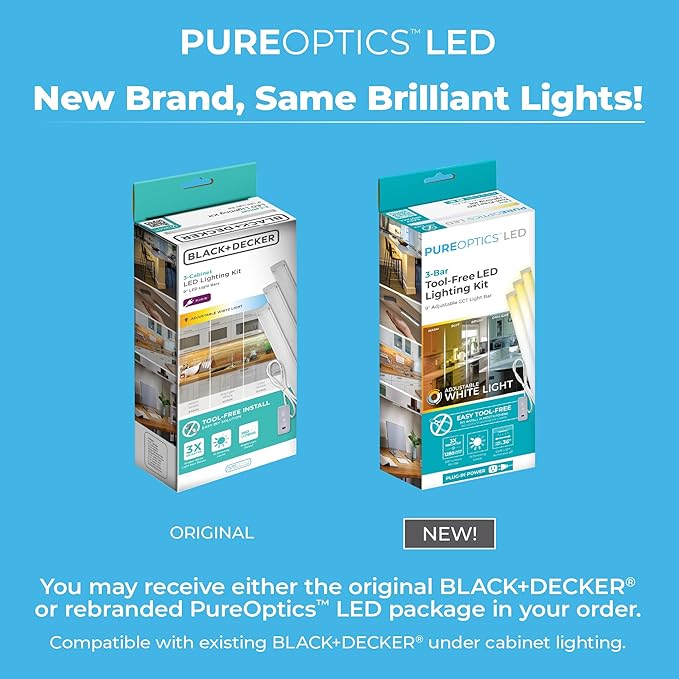 PureOptics LED Under Cabinet Light Kit, Motion Sensor, Dimmable, Linkable, 3 Color Settings, Tool-Free, for Kitchen, Cabinets and Closets, (3) 9" Bars