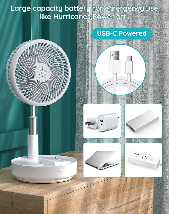 Primevolve Portable Fan, |21H Battery|7200mAh Rechargeable Oscillating Fan with Remote, Foldable Telescopic 7.7" for Travel Camping Cruise Hotel Bedroom, White