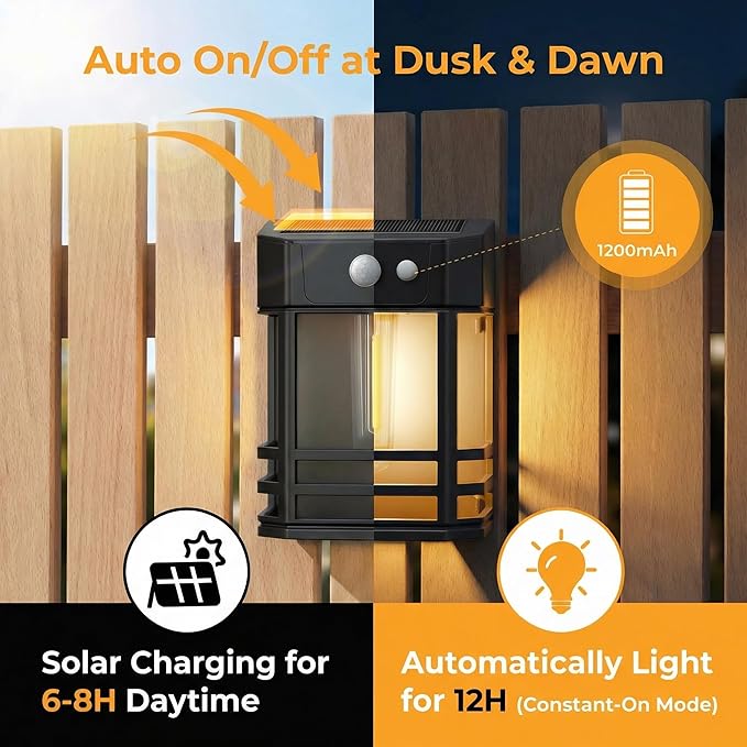 btfarm Solar Fence Lights, 4 Pack Motion Sensor Lights Outdoor, 3 Lighting Modes Dusk to Dawn Solar Deck Lights, IP65 Waterproof for Fence Post Wall Stairs Patio Backyard