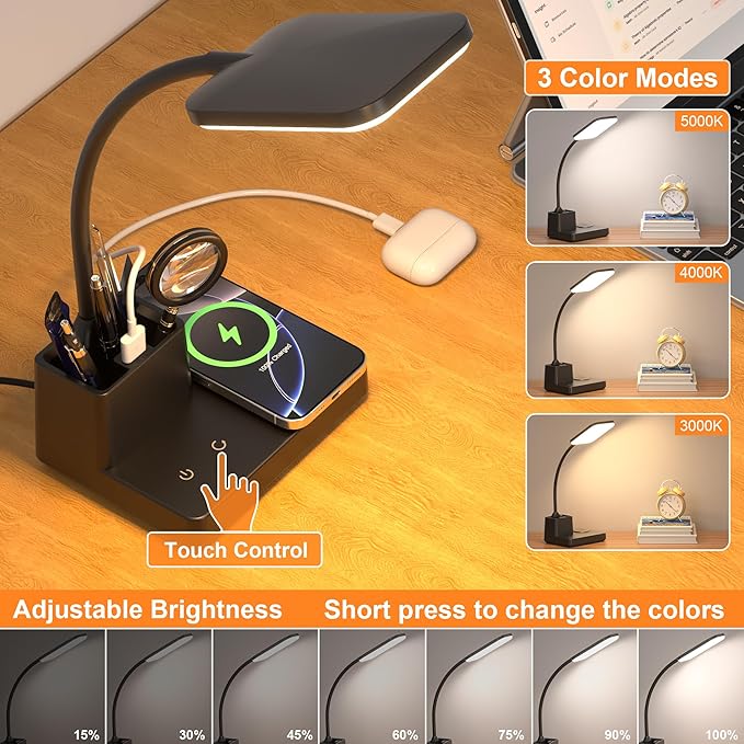 Desk Lamp, Table Lamp with Wireless Charger & USB Port, 800LM CRI95 3 Color Modes Dimmable Touch Flexible Arm Pen Holder, LED Desk Lamps for Home Office, College Dorm Room, Adapter Included