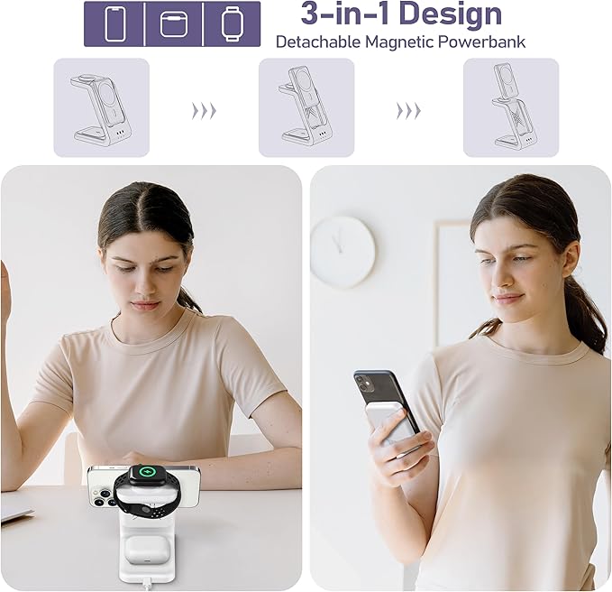 Smtcsl 3 in 1 Wireless Charging Station: 5000mAh Removable Power Bank Charger Stand for Phone/Watch/Air Pods - Portable Magnetic Battery Pack for Air 17 16 15 14 13 12 Series White