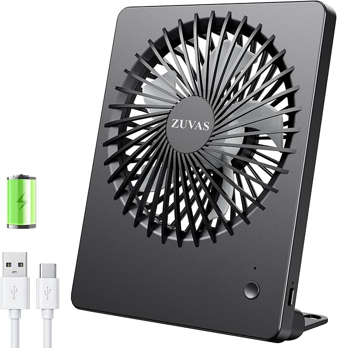 Zuvas Desk Fan Battery Operated Fan Rechargeable 180°Tilt Folding Personal Fan Ultra Quiet Small Portable 3 Speed Adjustable Strong Wind Fan For Office Bedroom Home Desktop Camping (Black)