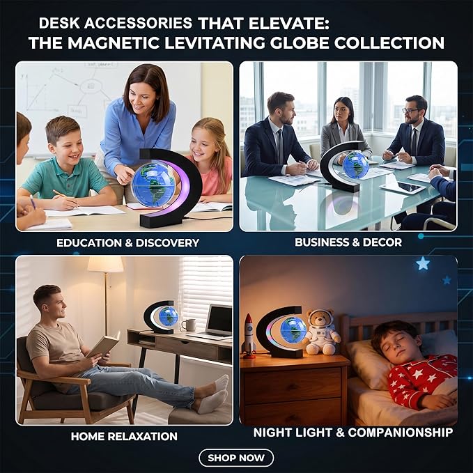 Magnetic Levitation Floating Rotating World Globe with LED Frame Lights, C Shape Levitating Globe, Touch Switch Night Light, Cool Tech Gifts for Men Dad Boys Kids, Office Desk Decor and STEM Gift
