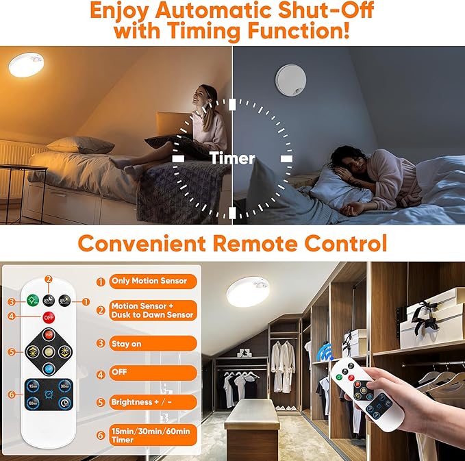 10000mAh Rechargeable Motion Sensor Ceiling Light with Remote, Battery Operated Closet Light No Wiring, Magnetic Wireless LED Ceiling Lights,3 Color Indoor Overhead Lamp for Shower Pantry Shed Hallway