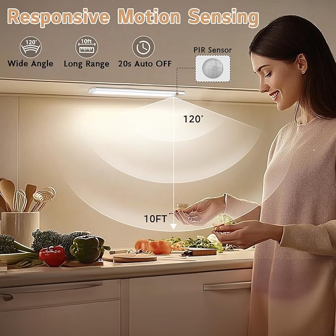 Under Cabinet Lighting Wireless, 4Pack Motion Sensor Light Indoor with 3 Color Temps, Dimmable Closet Lights Battery Operated, LED Magnetic Light, Rechargeable Under Counter Lights for Kitchen Home