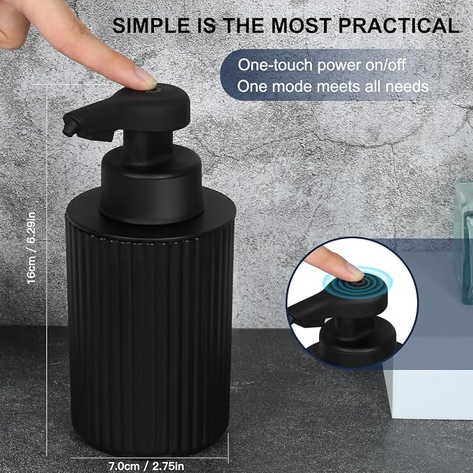 Automatic Soap Dispenser Liquid Touchless: 9oz Black Plastic - Rechargeable Electric Smart Auto Hand Soap Dispenser - Dish Bathroom Kitchen