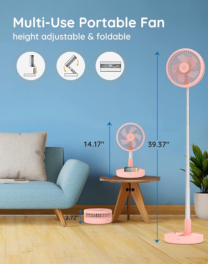 Primevolve Portable Fan,Battery Operated Rechargeable USB Fan with Remote, Foldable Floor Table Desk Pedestal Fan for Bedroom Camping Travel,Pink 7.7"
