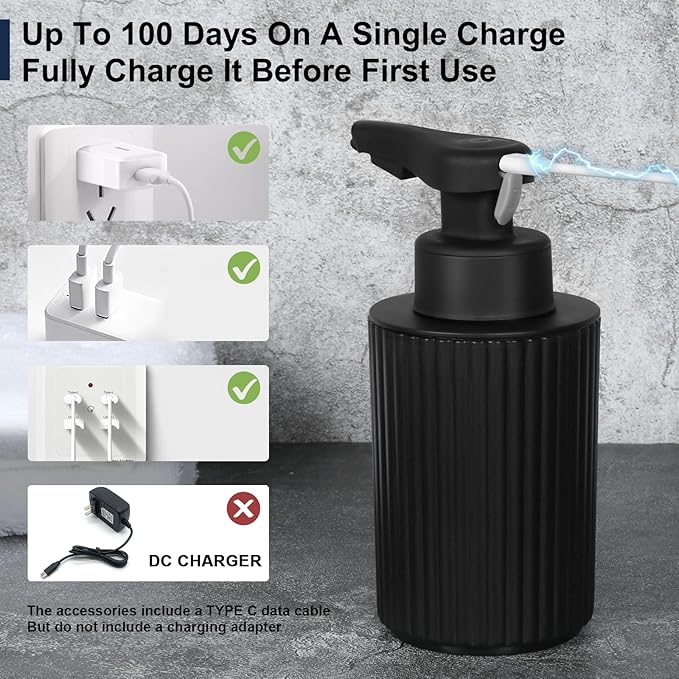 Automatic Soap Dispenser Liquid Touchless: 9oz Black Plastic - Rechargeable Electric Smart Auto Hand Soap Dispenser - Dish Bathroom Kitchen