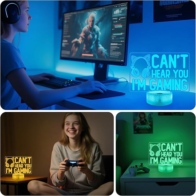 YuanDian Can't Hear You I'm Gaming Night Light, Headset Graphic Video Games Gamer Gift Funny 3D Illusion Lamp 16 Colors Changing Touch & Remote Control for Women Gamers Teenagers and Girls