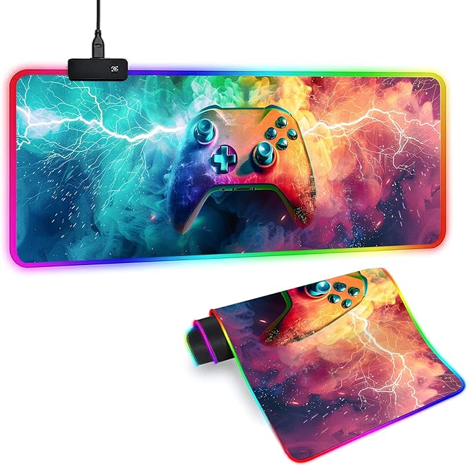 XL Led Gaming Mouse Pad with 14 Light Modes - Light Up Gamer Mouse Pad,31.5 x 11.8in Non-Slip Gamepad Style RGB Large Gamer Mousepad,Black Long Glowing Gaming Accessories for Desk,Waterproof
