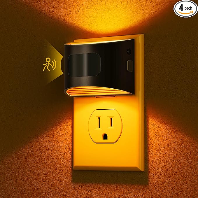 DORESshop LED Night Light[4 Pack], Night Lights Plug into Wall, 3 Mode Plug in Night Light with Motion Sensor, Dusk to Dawn Sensor, Nightlights for Adults, Bedroom, Bathroom, Hallway, Amber