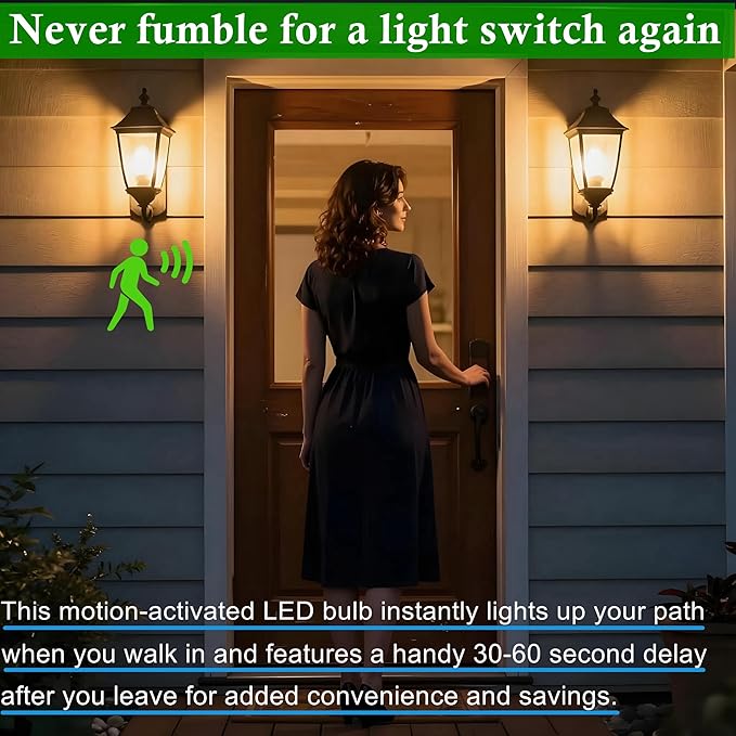 4 Pack Motion Sensor Light Bulbs,12W (100W Equivalent), Motion Activated Dusk to Dawn A19 E26 LED Bulb, Glass-Penetrating Sensor, Upward/Downward Mounting, Indoor & Outdoor for Garage, Porch, Hallway
