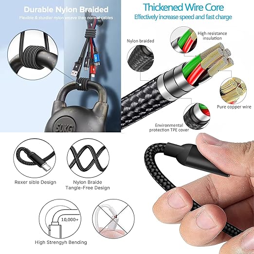 Multifunction USB Charging Cable Set,3 Pack 3 in 1 Nylon Braided Cord,Multiple Fast Charger Cords for Home,Office,Car