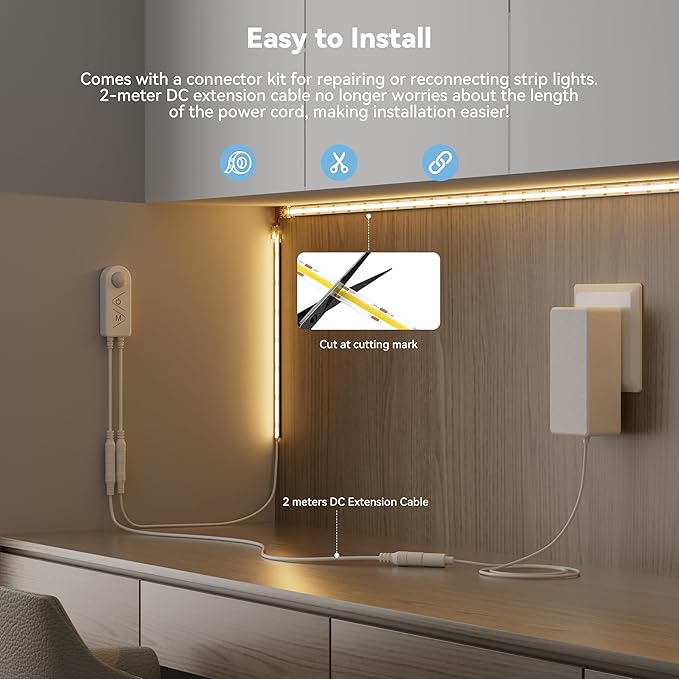 PAUTIX COB LED Strip Lights 2700K Warm White,Motion Sensor LED Lights,Dimmable 24V Motion Activated LED Strip Light,20ft Super Bright with Dual Lighting Mode,for Under Cabinet,Kitchen,Stairs,Bedroom