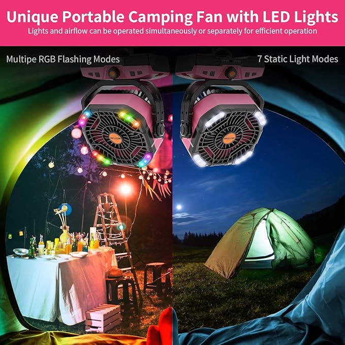 WESTTREE Camping Fan Oscillating Portable Fan 20000mAh Battery Powered Fans Rechargeable Camping Tent essentials Light Hook 270° Pivot USB Desk Outdoor Battery Operated X68 Pink