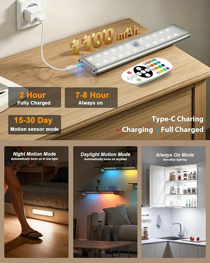 SZOKLED 58-LED Motion Sensor Under Cabinet Lights Wireless, RGB Closet Light Night Lights Remote, Rechargeable Under Cabinet Lighting Counter Lights for Indoor Kitchen, Stair (6 Packs)