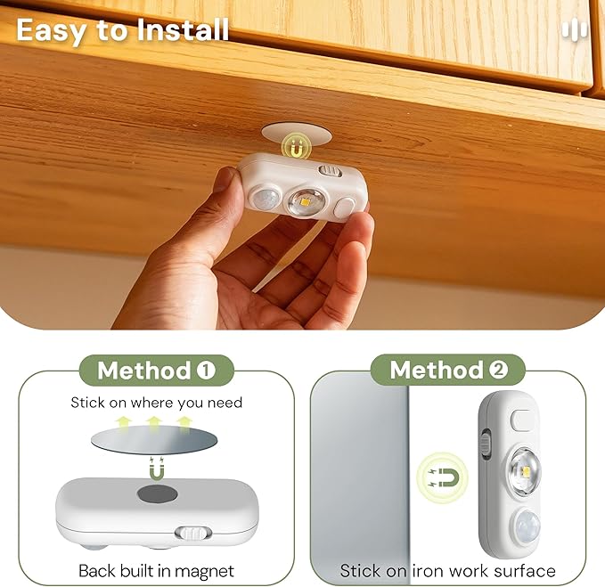 LOHAS 6-Pack Rechargeable Rotating Motion Sensor LED Puck Lights, Stick-On Wireless Magnetic Night Light, Adjustable Brightness, RGBW, Dimmable Under Counter Lights for Drawer, Kitchen, Bedroom, White