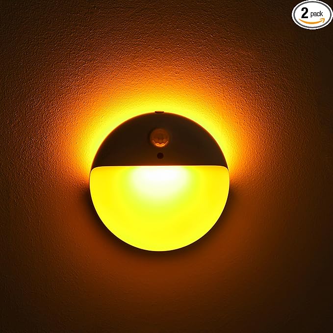 YUNLEX 2 Pack Amber Night Light, Battery Operated Night Light, 2.6" Small Sticky Lights, Dimming, 3 Light Modes, Motion Sensor Lights for Kids, Baby, Sleep, Bedroom, Bathroom, Toilet, Travel, Stairs