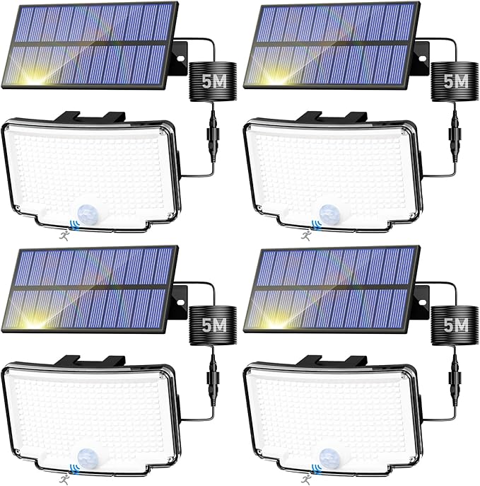 Peasur 4 Pack Solar Motion Lights Outdoor, 318 LED Solar Security Light with 3 Modes, IP65 Waterproof Powered Flood Lights for Outside Garden Garage Yard Backyard