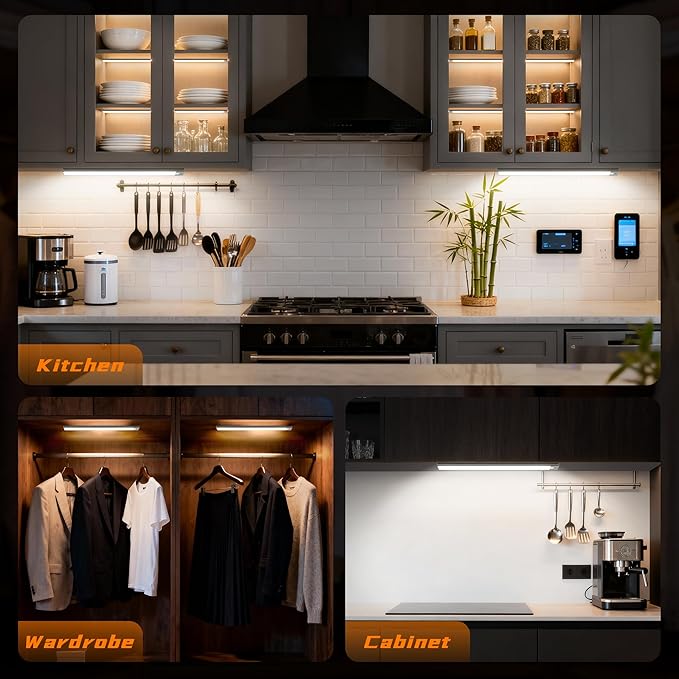 15.7inch Motion Sensor Cabinet Light, 2400mAh 74 LED Beads, USB-C Charging, 3 Color Temperatures, for Long Lasting Durability Easy to Install, Magnetic Under Cabinet Light Suitable for Kitchen(4Pack)