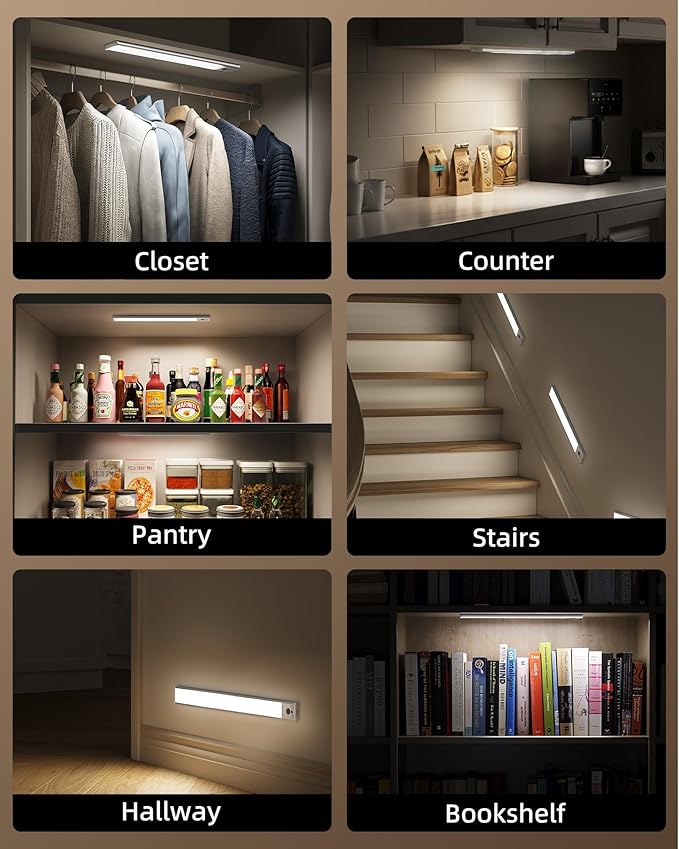 EZVALO 16.5-inch Under Cabinet Lighting, 4000mAh Rechargeable Motion Sensor Light Indoor, Magnetic Closet Lights, with Dimmable & 3 Color Temps, Wireless Under Counter Lights for Kitchen (4-Pack)