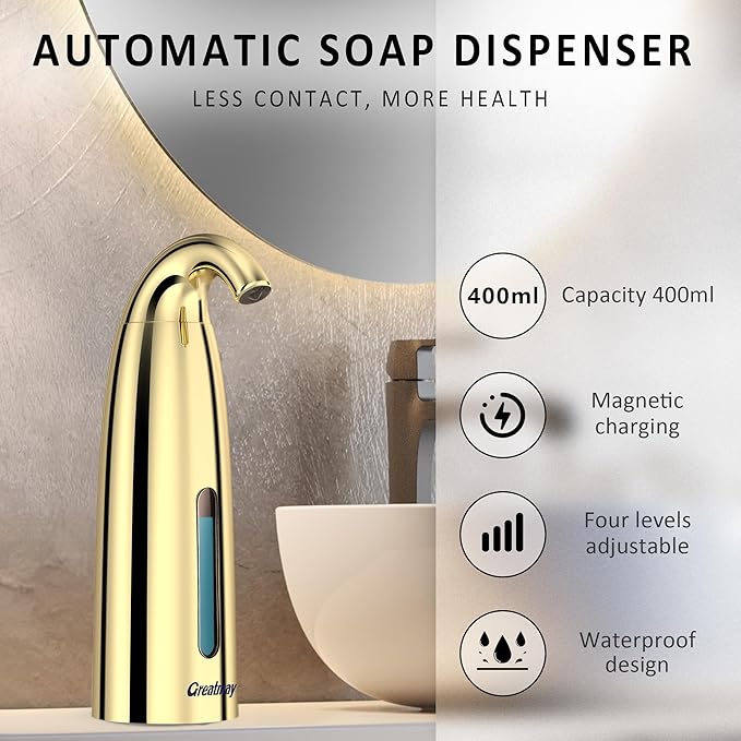 Convenient Automatic Soap Dispenser,4 Adjustable Levels Touchless Hand Sanitizer Pump with Infrared Sensor, Countertop Electric Dispenser for Bathroom,Kitchen