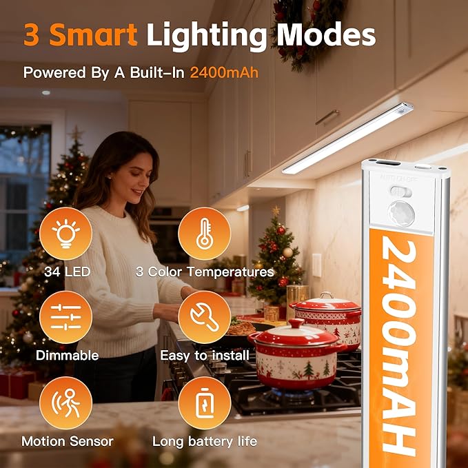 15.7inch Motion Sensor Cabinet Light, 2400mAh 74 LED Beads, USB-C Charging, 3 Color Temperatures, for Long Lasting Durability Easy to Install, Magnetic Under Cabinet Light Suitable for Kitchen(4Pack)