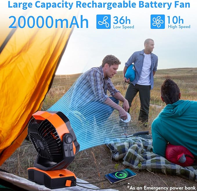 WESTTREE 20000mAh Camping Fan Oscillating Portable Fan Battery Powered Fans Rechargeable Camping essentials with Light Hook, 270° Pivot USB Desk Battery Operated Outdoor Tent Travel