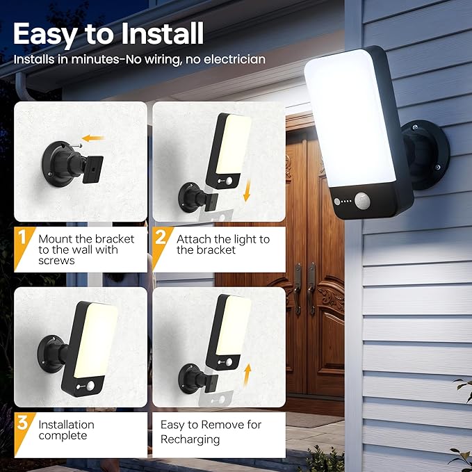 ropelux Motion Sensor Outdoor Lights, 800LM Super Bright Rechargeable Motion Sensor Light, 3CCT Dimmable 3 Modes Remote Control, Waterproof Battery Operated Security Lights for Porch Garage Patio 1PC