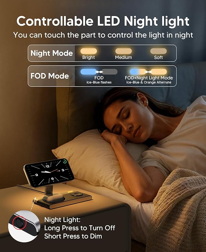 3 in 1 Magnetic Wireless Charging Station for Apple Devices,Foldable Wireless Charger Stand for Magsafe iPhone 17 Air 16/15/14/13/12,Apple Watch,AirPod,Wireless Charger Dock with Night Light