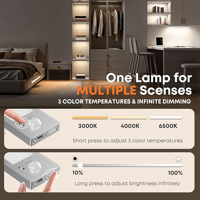 LROLTEF Under Cabinet Lights Wireless, 2 Pack 8.3 inch 1500mAh 3000K 4000K 6500K 3 Color Temps Dimmable Motion Sensor Light Indoor, Rechargeable LED Under Counter Lights for Kitchen, Stairs, Closet