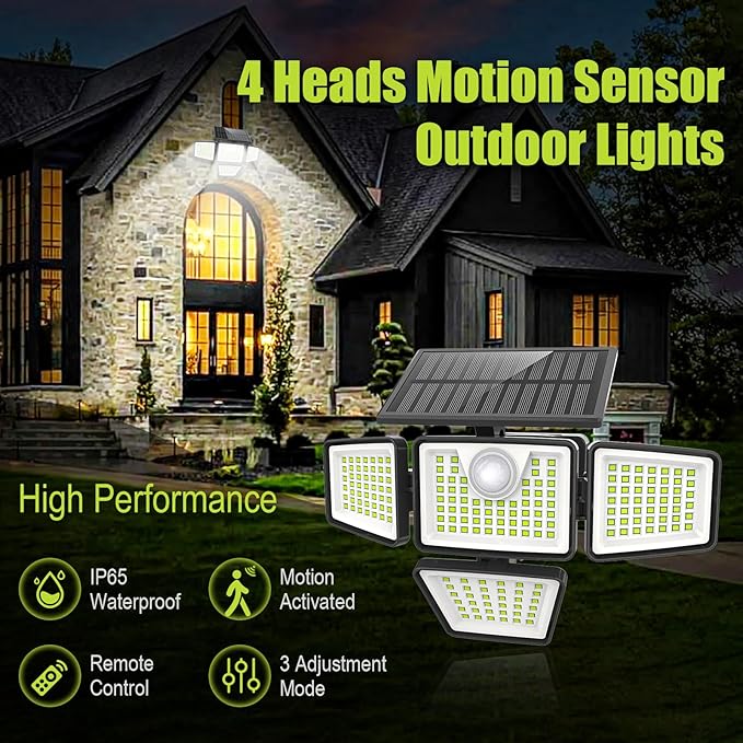 daphino 3000LM Solar Lights Outdoor with Motion Sensor,4 Head 270° Wide Angle Street Area Lights,IP65 Waterproof Security Lighting with 3 Modes(Remote,2 Pcs)
