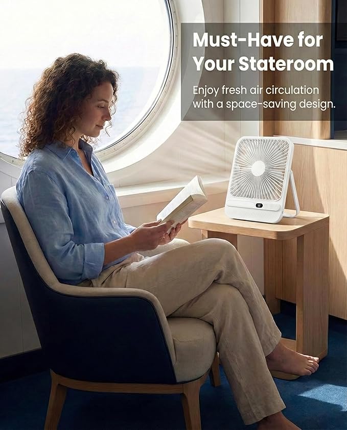 7In Portable Travel Fan, Cruise Ship Approved, 28H 8000mAh Ultra-Thin Quiet Rechargeable Battery Operated Desk Fan with Timer & LED Display for Bedroom, Office, Camping