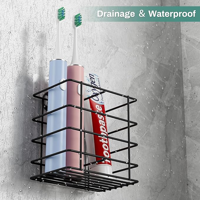 Shower Toothbrush Holder Wall Mounted, Adhesive Toothpaste Organizer for Bathroom Wall, Hanging Tooth Brush Holder Caddy with Drainage, Black RV Camper Bathroom Organizers and Storage