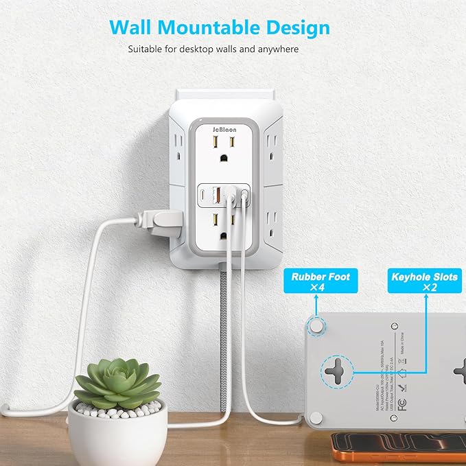 Power Strip Extension Cord - 6 Outlets and 4 USB (2 USB C), 5FT Braided Cord with Ultra Thin Flat Plug, 3 Side Outlet Extender with Overload Protection, Travel, Cruise Ship, Dorm Room Essentials