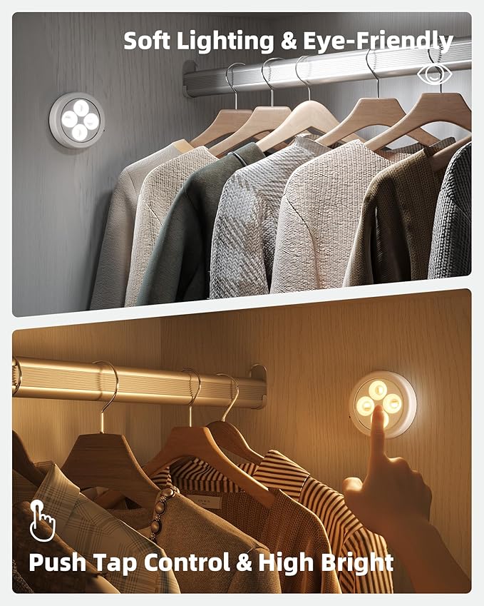 EZVALO LED Puck Lights, Rechargeable Stick On Tap Lights, Wireless Closet Light, 3 Color Temps, Under Cabinet Lights, 2.5'' Mini Touch Light, Ideal for Kitchen,Closet,Pantry,Shelves,Camper(6 Pack)