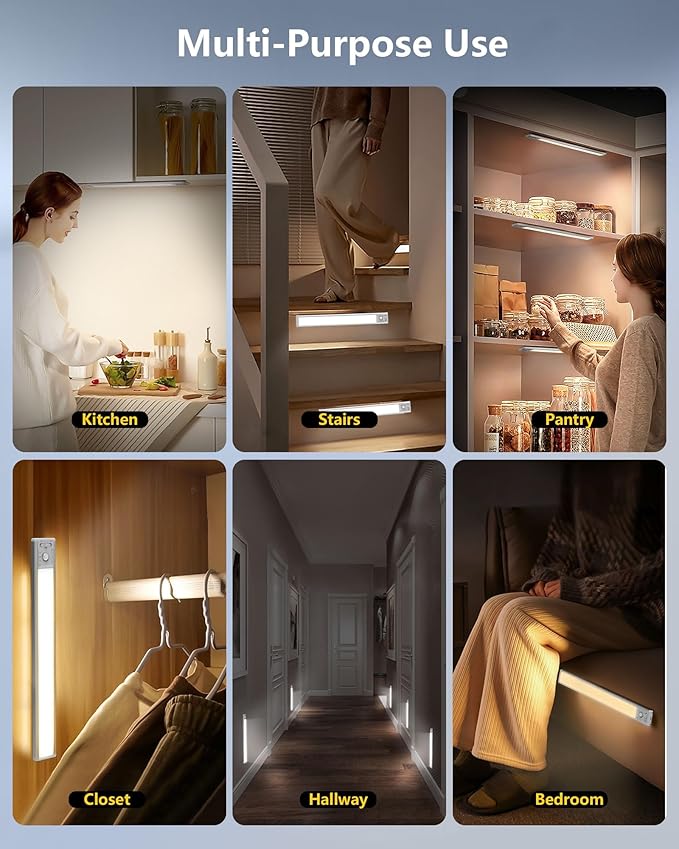 OTWKAY 14.5inch Under Cabinet Lighting with 3 Color Temps, 2 Pack Rechargeable Motion Sensor Lights Indoor, Dimmable Under Counter Lights for Kitchen, Closet
