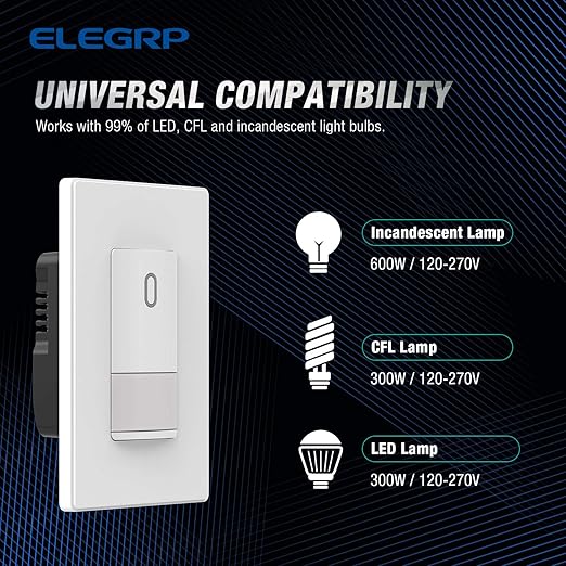 ELEGRP Single Pole Occupancy Motion Sensor Light Switch, Need Grounding Wire No Neutral Wire, 120° Sensor Coverage PIR Infrared Motion Activated, for CFL/LED/Incandescent Bulb, UL,1 Pack, Matte White