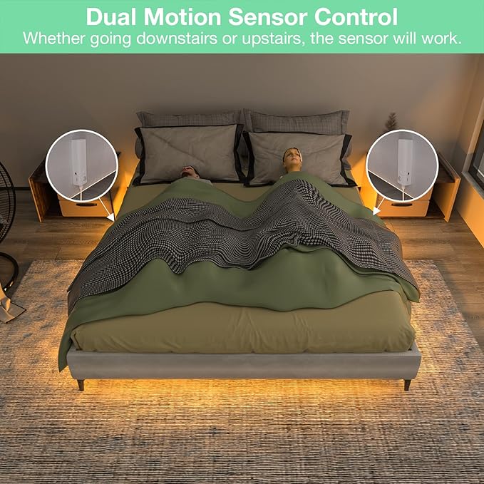 WOBANE Dual Motion Sensor Under Bed Lights,Rechargeable 16.4ft LED Light Strip,Battery Powered Tape Light for Shelves,Cabinet,Anywhere,PIR Detector,Cuttable,Flexible,2700K Warm White