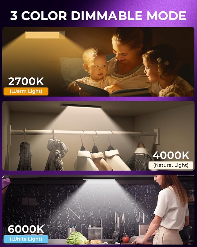 ASOKO HOME Under Cabinet Lights Motion Sensor Light Indoor 3-Light Colors 1500mAh Rechargeable Built-in Battery LED Closet Lights Wireless (3-Light Colors, 2Pack)