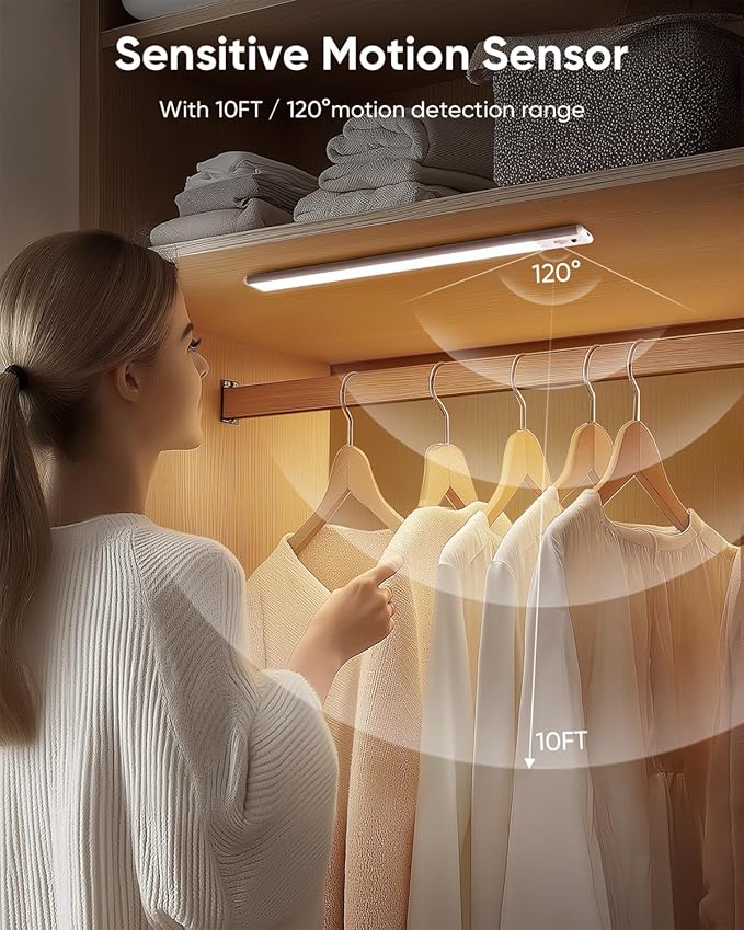 Under Cabinet Lighting Wireless, Rechargeable LED Motion Sensor Light Indoor, Closet Lights with Remote, Timer, 3 Color Temps & Dimmable Magnetic Under Counter Lights for Kitchen, Stairs, 6 Pack