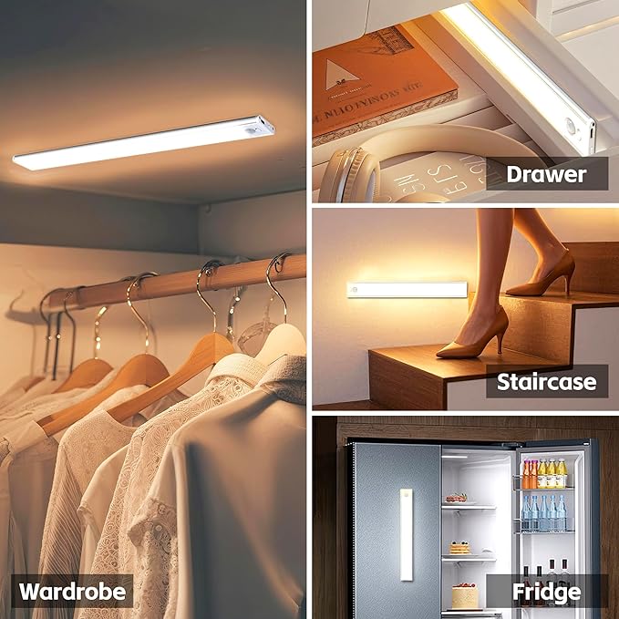15.75inch Under Cabinet Lighting,with Motion Sensor,74LED 3Color Temperature,Closet Lights Motion Sensored, USB-C Charging,Durable And easy-to-install Magnetic Cabinet Light,staircases,wardrobes-4Pack