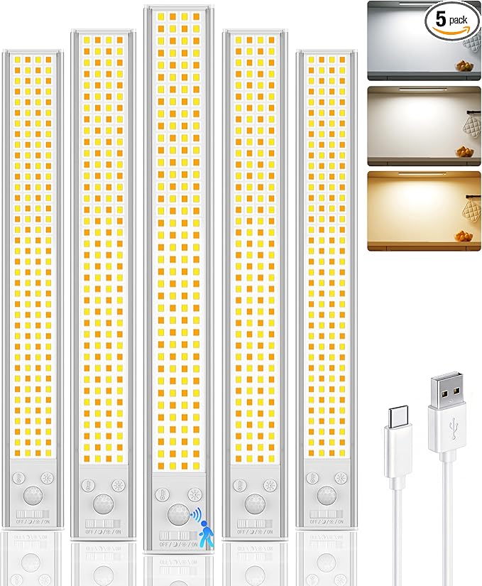 12inch Under Cabinet Lighting Wireless, 152LED Motion Sensor Light Indoor, USB Rechargeable Closet Lights, 3 Color Temps & Dimmable, Stick On Under Counter Lights for Kitchen, Pantry, Stairs, 5 Pack