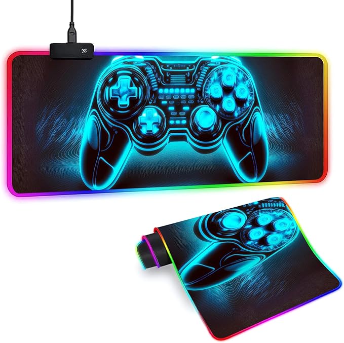 XL Led Gaming Mouse Pad with 14 Light Modes - Light Up Gamer Mouse Pad,31.5 x 11.8in Non-Slip Gamepad Style RGB Large Gamer Mousepad,Black Long Glowing Gaming Accessories for Desk,Waterproof