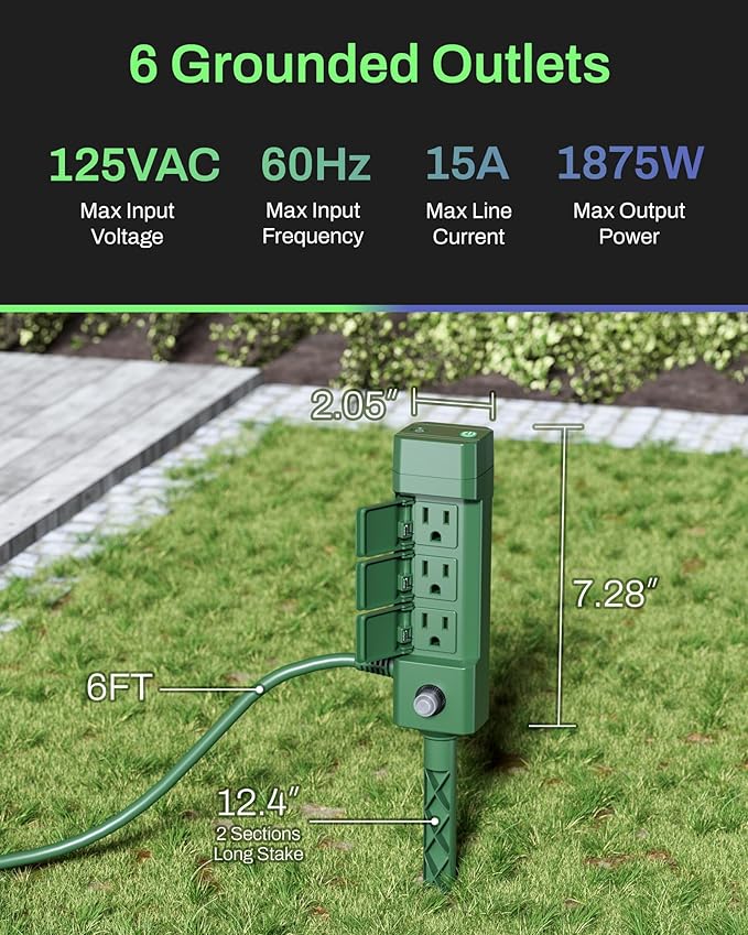 HBN Outdoor Smart Plug Waterproof WiFi Outdoor Outlet Timer with 6 Grounded Outlets, Remote & Voice Control Heavy Duty Yard Stake Plug Compatible with Alexa and Google Assistant No Hub Required