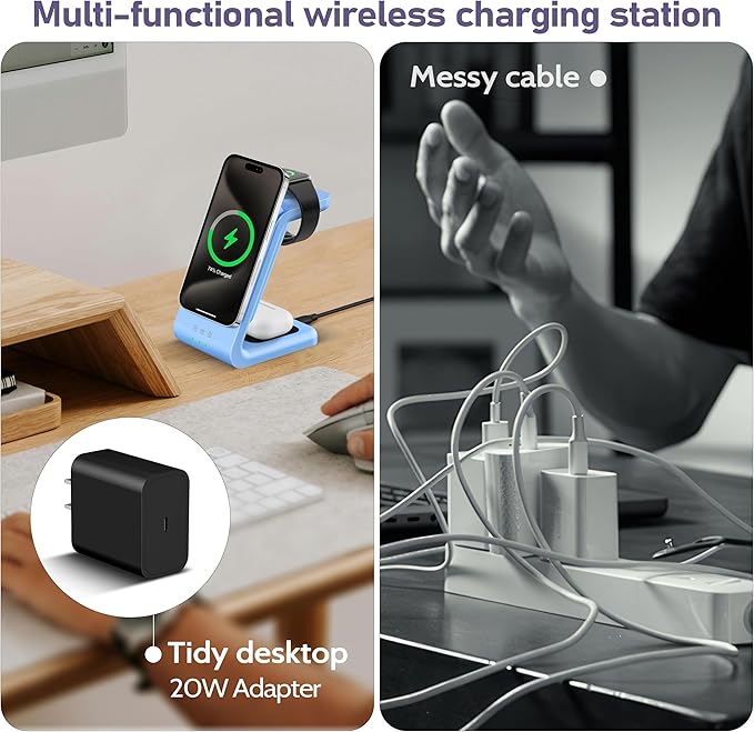 Smtcsl 3 in 1 Wireless Charging Station: 5000mAh Removable Power Bank Charger Stand for Phone/Watch/Air Pods - Portable Magnetic Battery Pack for Air 17 16 15 14 13 12 Series Blue