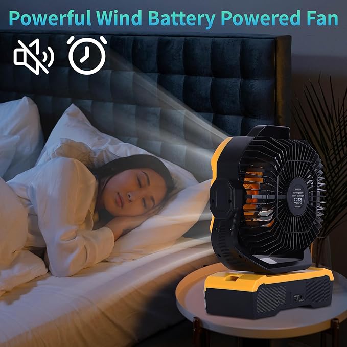 WESTTREE Battery Powered Fan Powerful Airflow Battery Operated Air Circulator Fan for Bedroom,Quiet & 360°Auto Oscillating Rechargeable Camping Fans with LED Light (RGBW) X66 Yellow