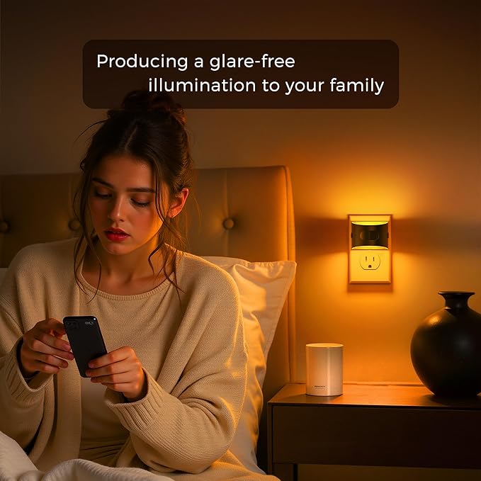 L LOHAS LED Night Light with Motion Sensor & Dusk to Dawn Sensor, Night Lights Plug into Wall with 30-100lm Adjustable Brightness, Dimmable Night Light for Bathroom Hallway, 1600K Amber, 4 Pack