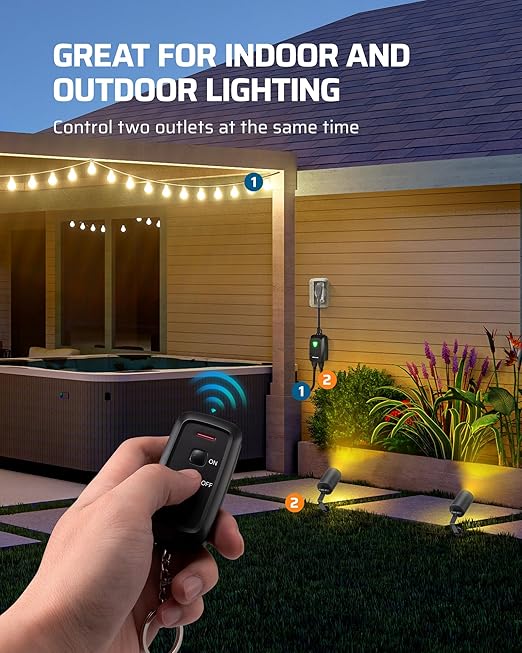DEWENWILS Wireless Remote Control Outdoor Outlet with 2 Remotes, Electrical Plug-in Light Switch, Weatherproof, 15 AMP Heavy Duty, 100 FT Range, for Lights, Lamp, Fans, ETL Listed